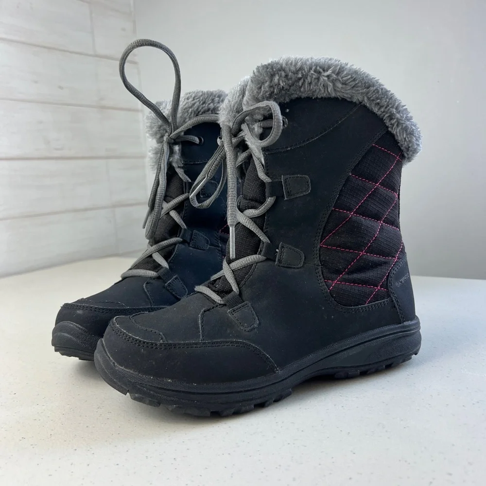 Columbia Girls Ice Maiden II Winter Boots Black Waterproof Faux Fur Lined Sz 3